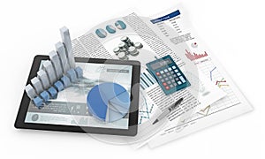 Charts, tablet and financial documents