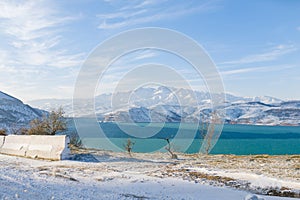 Charvak reservoir in winter in Uzbekistan. Beautiful winter landscape. The Tien Shan mountain system in Central Asia