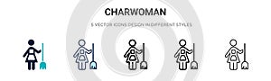 Charwoman icon in filled, thin line, outline and stroke style. Vector illustration of two colored and black charwoman vector icons