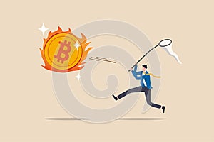 Chasing high performance bitcoin crypto currency in bull market, greedy speculation in Bitcoin trading concept, greedy businessman