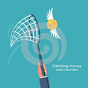 Chasing money concept. Businessman trying to catch flying coin.