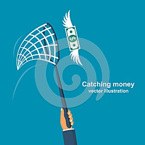 Chasing money concept. Businessman trying to catch flying money