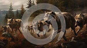 Chasing pack of wolves created with Generative AI. A lot of big dangerous and hungry wolves in a forest.