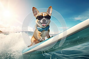 Chasing the Swells: Happy Chihuahua Surfs in Style, Shades On - Generative AI