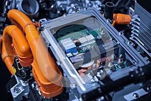 Chassis of the electric car with powertrain and power connections closeup. Blue toned. EV car drivetrain at maintenance.