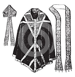 Chasuble, stole and miter of Thomas Becket, vintage engraving