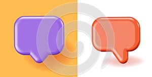 Chat 3d speech bubble icon message element vector render graphic, purple orange yellow cartoon text cloud balloon comic fun