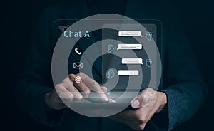 Chat with AI, Artificial Intelligence. Man using technology smart robot AI, artificial intelligence by enter command prompt asks