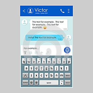 Chat app template whith mobile keyboard. Social network concept. Messenger window. Chating and messaging concept. Vector