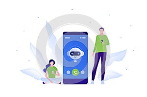 Chat bot ai and customer service support concept. Vector flat person illustration. Man and woman hold smartphone. Chatbot on