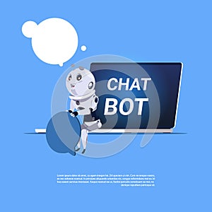 Chat Bot App Of Technical Support In Laptop Template Banner With Copy Space, Chatter Or Chatterbot Virtual Web Service