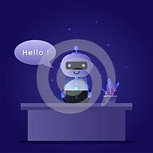 Chat bot concept background with a robot operating a laptop