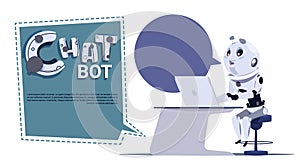 Chat Bot Cute Robot Use Laptop Computer Template Banner With Copy Space, Chatter Or Chatterbot Virtual Technical Support