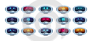 Chat bot face. Cartoon robot head display different emotion, chatbot with artificial intelligence communication concept