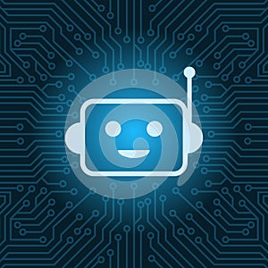 Chat Bot Face Icon Smiling Robot Over Blue Circuit Motherboard Background