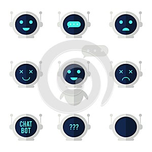 Chat bot icon set. Robot with speech bubble and different emotions. Virtual assistant for website