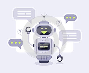 Chat bot messages. Smart chatbot assistant conversation, online customer support robot and talking to machine bots vector