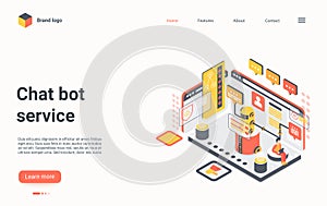 Chat bot service concept isometric landing page, chatbot virtual support technology