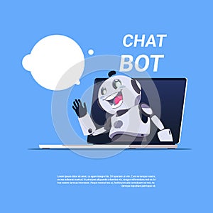 Chat Bot Service Cute Robot In Laptop Computer Template Banner With Copy Space, Chatter Or Chatterbot Technical Support