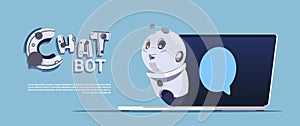 Chat Bot Service Cute Robot In Laptop Computer Template Banner With Copy Space, Chatter Or Chatterbot Technical Support