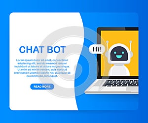 Chat Bot Using Laptop Computer, Robot Virtual Assistance Of Website Or Mobile Applications. Voice support service bot.