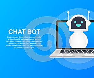Chat Bot Using Laptop Computer, Robot Virtual Assistance Of Website Or Mobile Applications. Voice support service bot.