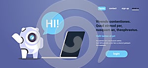 Chat bot using laptop computer speech bubble robot virtual assistance website mobile applications artificial