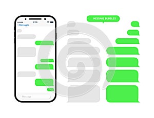 Chat through bubble in phone. Chatbot in messenger. Message in whats. Sms and conversation in app on mobile screen. Interface with photo