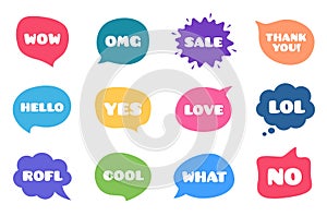 Chat bubble talk phrases. Clouds with different words. Speech bubbles with comments. Vector