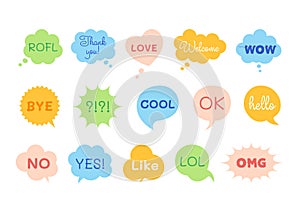 Chat bubble talk phrases. Communication tags.
