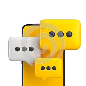 Chat bubble up message speech dialog or communication type talk on smartphone yellow screen. 3d rendering