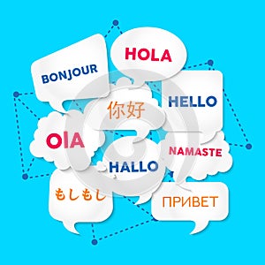 Hello chat bubble translation in foreign languages photo