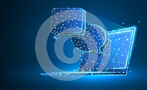 Chat clouds on notebook screen. Device, communication, dialog, text bubble concept. Abstract, digital, wireframe, low