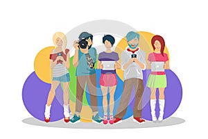 Chat concept for texting, leaving comment and memes concept flat vector illustration of young teenagers using mobile smartphone fo