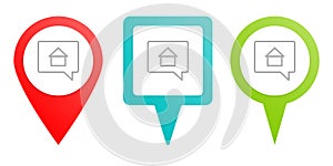 chat, home, house, pin vector icon. Multicolor pin vector icon, diferent type map and navigation point