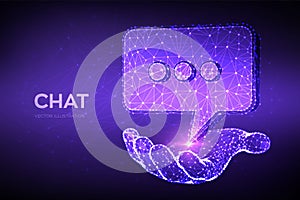 Chat icon. Low poly abstract Chat sign in hand. Speech bubble message symbol. Dialogue cloud. Abstract Social Network or