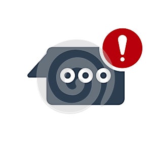 Chat icon, multimedia icon with exclamation mark. Chat icon and alert, error, alarm, danger symbol
