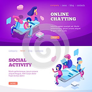 Chat landing. Virtual relationship people talking online devices smartphone laptop app messengers internet social dating