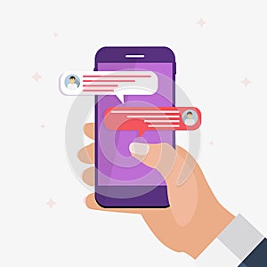 Chat message bubbles on smartphone screen, social networ concept. Vector illustration