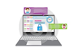 chat message online by laptop. high security online and protection by padlock. password security technology abstract.