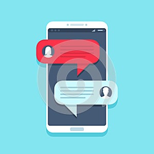 Chat message on smartphone. Mobile phone chatting, people texting messages and sms bubble on phones screen vector flat photo