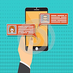 Chat messages notification on smartphone vector illustration, flat cartoon sms bubbles on mobile phone screen, man