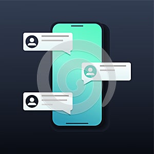 Chat messages notification with text preview on smartphone. Messages bubbles with user profile