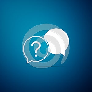 Chat question icon isolated on blue background. Help speech bubble symbol. FAQ sign. Question mark sign