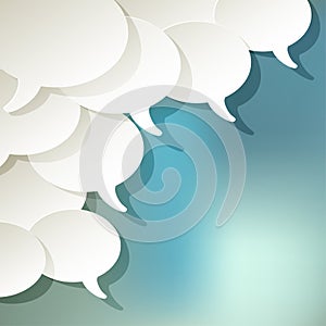Chat speech bubbles ellipse vector white in the corner on a blue bokeh background.