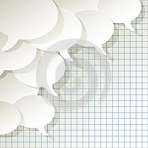 Chat speech bubbles ellipse vector white in the corner on a checkered paper background.