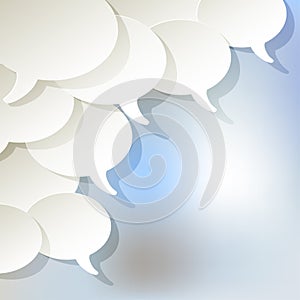 Chat speech bubbles ellipse vector white in the corner on a light blue bokeh background.