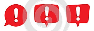 Chat warning exclamation mark. Speech bubble with exclamation mark. Red attention sign icon.