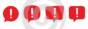 Chat warning exclamation mark. Speech bubble with exclamation mark. Red attention sign icon. Hazard warning symbol.