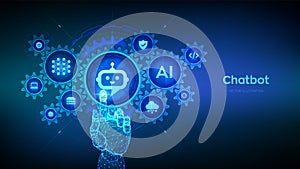 Chatbot. Chatbot assistant. Smart assistant. AI. Artificial intelligence technology concept. Neural network. Hand touching digital